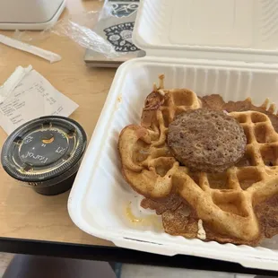 $12 for this waffle and one piece of vegan sausage. &amp; they were out of knifes ?!