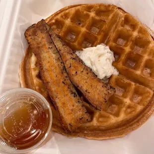 Vegan Belgian Waffle with Bakun oat whip cream and organic maple syrup
