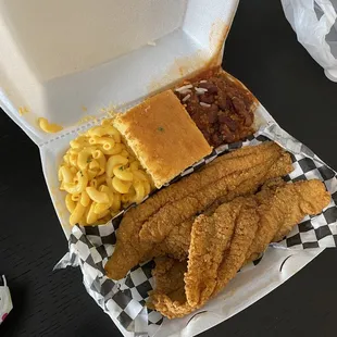 Catfish mac n cheese red beans and rice with some cornbread