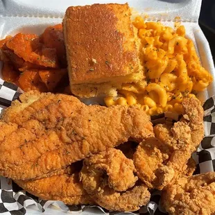 Catfish and Shrimp with Candied Yams and Macaroni and Cheese