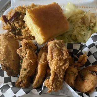 Chicken Wings, Shrimp, cabbage, and jambalaya