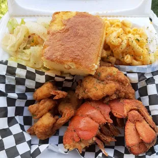 Fried lobster and shrimp, mac and cheese, cabbage, cornbread