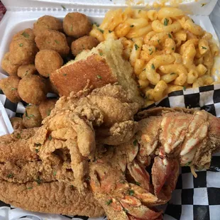 Fried catfish and lobster, mac and cheese, fried okra and cornbread