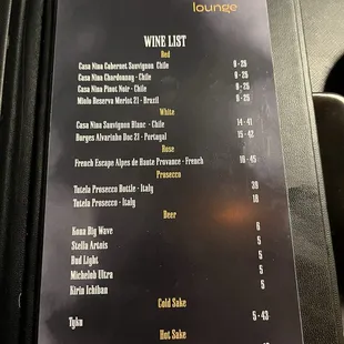 Wine and beer menu