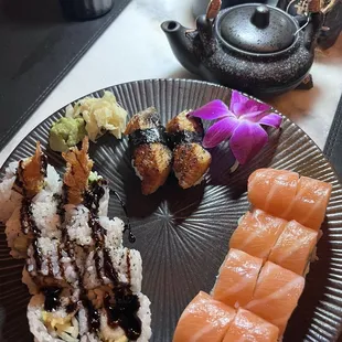 Shrimp tempura, ocean roll and eel nigiri. This plate was about $45