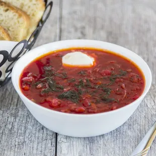 Red Borscht. Vegan soup based on beets with bunch of vegetables in it.