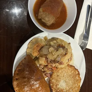 Sauerkraut Stuffed Bun,  Pork Cabbage Roll, Potato Pancake,  Chicken pirogies (vareniki), Potato-Cheddar pierogies (vareniki)