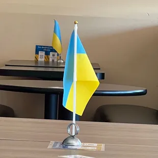 Ukrainian Flags on Tables.  (Available for $5.00 Each)