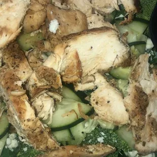 spinach, kale, broccoli, cucumber, red onions, gonzo beans, feta, and grilled chicken