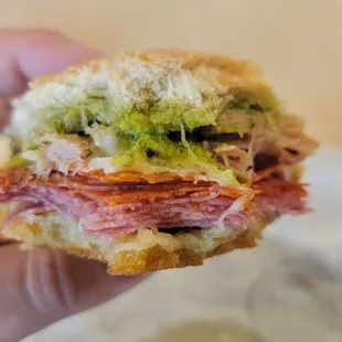 August 2021 sandwich of the month, Garlic Pesto Italiano (salami, pepperoni, ham, mozzarella, garlic butter, pesto)