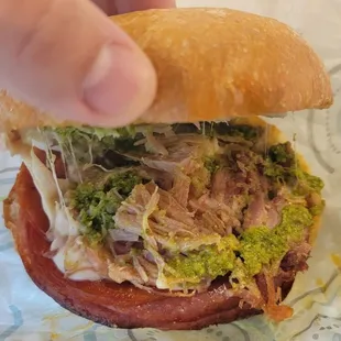 August 2021 sandwich of the month, Garlic Pesto Italiano (salami, pepperoni, ham, mozzarella, garlic butter, pesto)