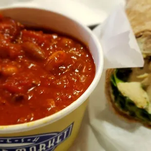 The chili dog chili with the grilled chicken Cesar wrap.