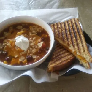 Taco soup and adult grilled cheese