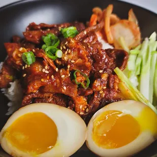 Spicy Pork Bulgogi Rice bowl- with add own soft boiled egg.