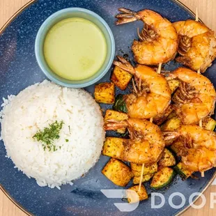 Tiger prawns + white rice and zucchini