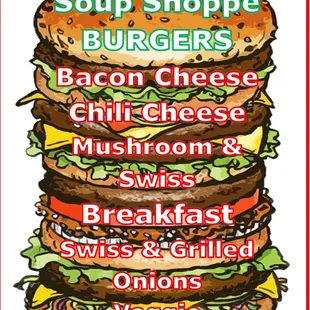 the menu for soup shoppe burgers