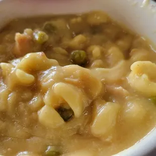 Turkey noodle soup.  Very thick but plenty of turkey chunks. Great tasting.