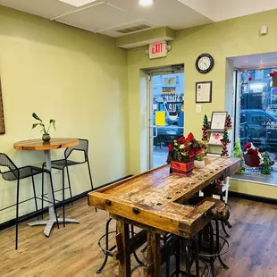 a table and chairs in a restaurant