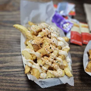 two baskets of food on a table