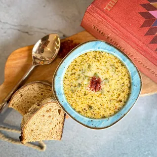 Yogurt Soup - Barley and Swiss chard with dried mint olive oil with Acme bread.