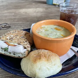 Chicken soup, turkey sandwich, roll, sweet tea