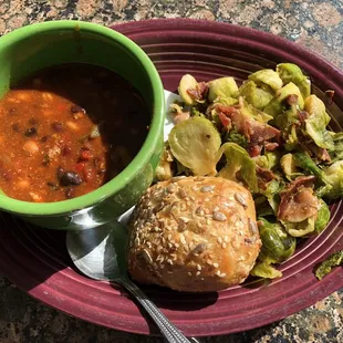 Turkey Chili with the Roasted Brussels w/Bacon and a wheat roll