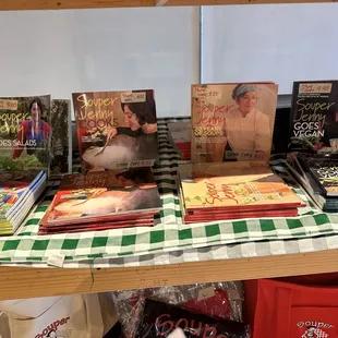 a table full of cookbooks