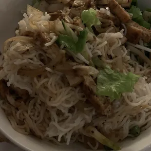 Lemongrass tofu vermicelli bowl, take-out; transferred to a large bowl-plate at home.