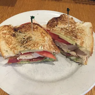 Grilled #6- Marinated roasted chicken with avocado , bacon, provolone, tomato, onion , alfalfa sprouts, and herb vinaigrette! Yummy!