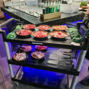 Thinly cut portions of beef, pork, lamb and chicken.