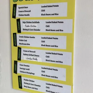 a menu for soup of the day