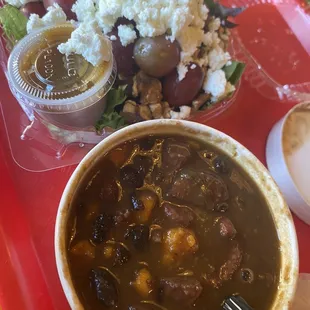 Black bean with sweet potato and andouille sausage soup, house salad (red grapes and goat cheese with balsamic dressing)