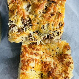 Olive Rosemary Parmesan wheat Focaccia &amp; jalapeño and cheddar focaccia