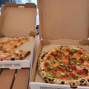 3 cheese with sausage. Pepperoni with jalapeños.
