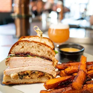 Roasted Turkey Dip:
 Stuffing, Cranberry, Kale, Sweet Potato Fries