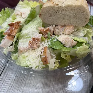 Small Grilled Chicken Caesar Salad, with a piece of baguette