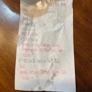 a receipt on a table