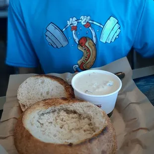New England Clam Chowder Soup with bread bowl