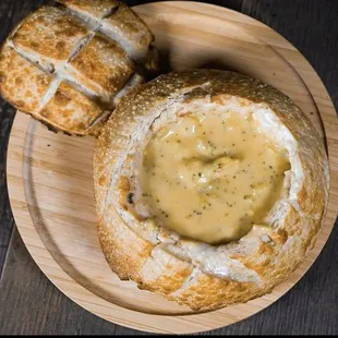 Broccoli and cheese bread bowl
