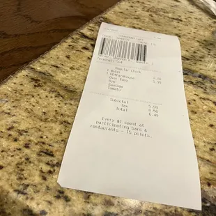 a receipt on a counter
