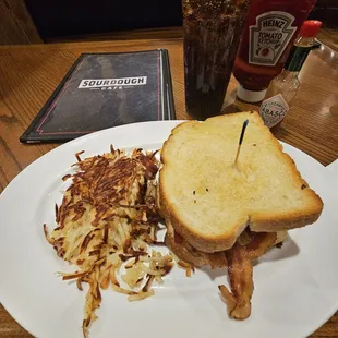 Sourdough Breakfast Sandwich &amp; Hashbrowns  with a Diet Coke!