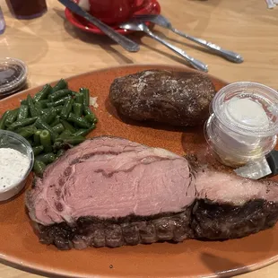 Prime rib, looked good but a little tough... potato and beans were good...