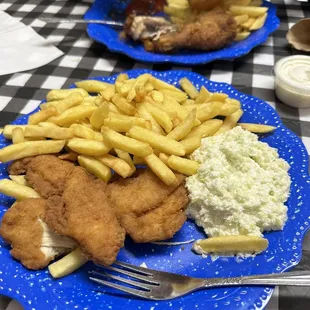 3 chicken tenders plate with fries and coleslaw 2 piece dark chicken plate