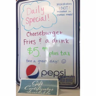 We have lunch and dinner specials that vary by the day in addition to this burger special.