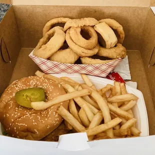 Fried Chicken Filet Sandwich with a side of delicious onion rings