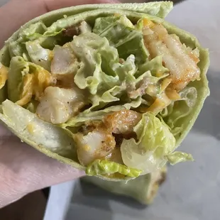 Another view of the Fire Ranch Grilled Shrimp Wrap on a spinach tortilla -lots of flavorful shrimp