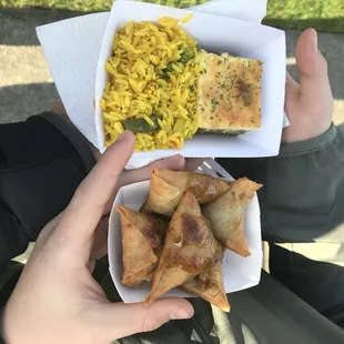 Bobotie with savory rice and Chicken Samoosas