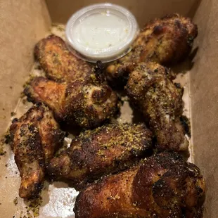 Lemon pepper wings with ranch. Really juicy wings with plenty of meat on them. These are fantastic and worth your time