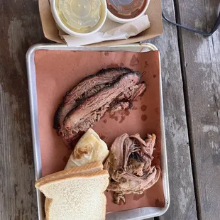 1/2 pound pulled pork; 1/2 pound brisket