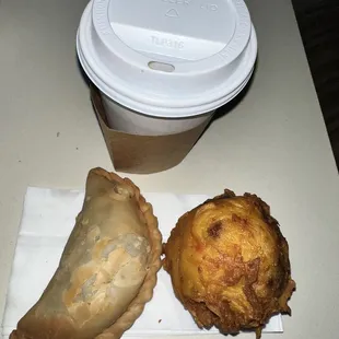 Breakfast of champions , Cafe con Leche, Papa Rellena &amp; Empanadas with Meat